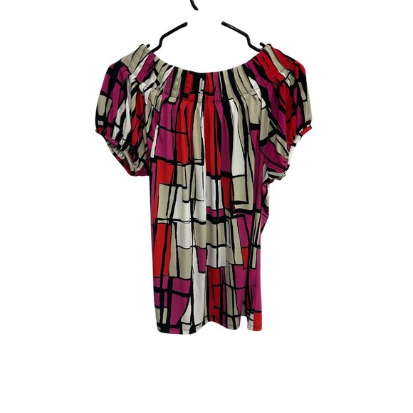 Style & Co Pleated Neck Geometric Print Short Sleeve Top Multicolor Sz Medium - Picture 2 of 9